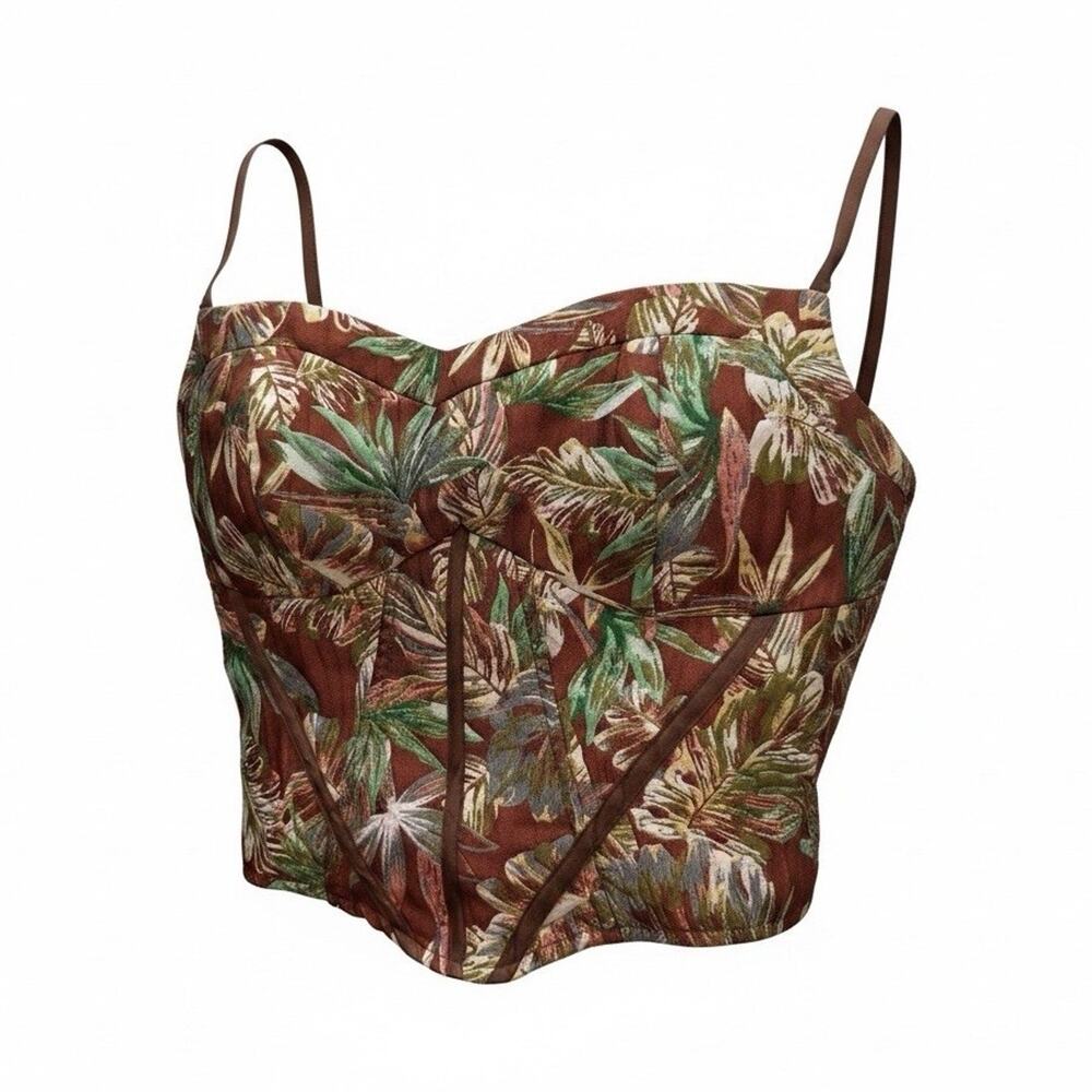 Cider Red-Brown Tropical Leaf Zip Closure Bustier Top